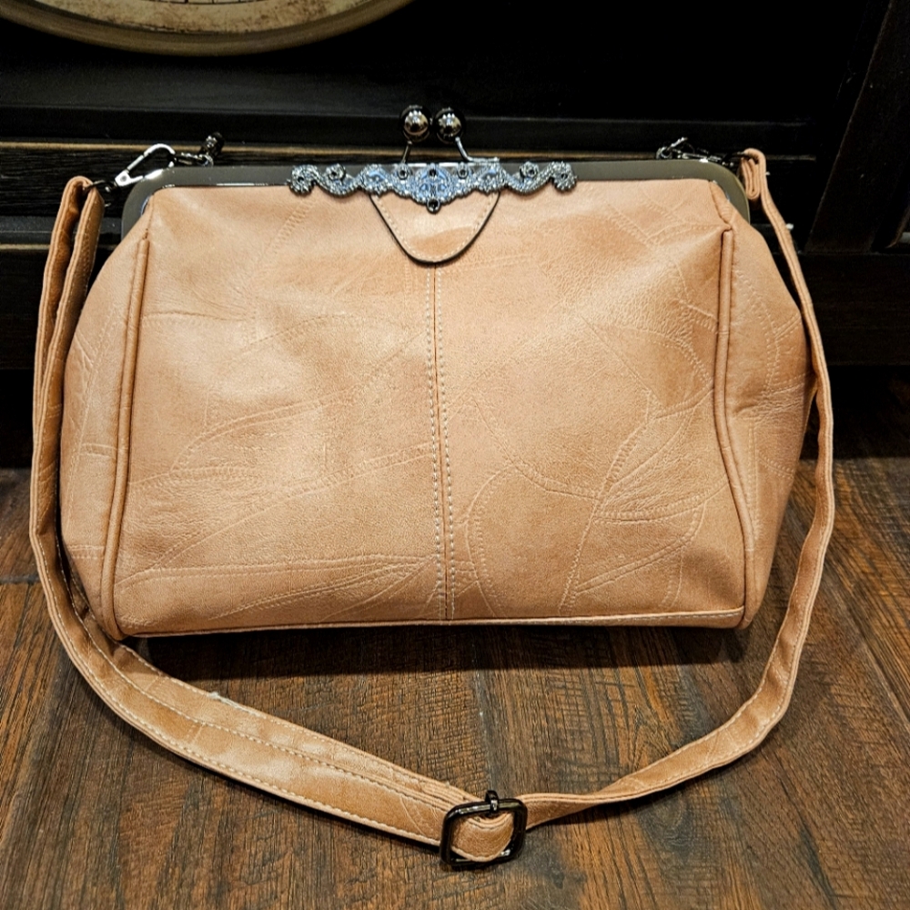 *****Sold****  Tan Crossbody Bag with Adjustable Strap and Textured Finish - EUC